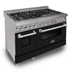 ZLINE Appliance Package - 48" Dual Fuel Range with Black Matte Door and Convertible Vent Range Hood in Satin Stainless Steel, 2KP-RASBLMRH48