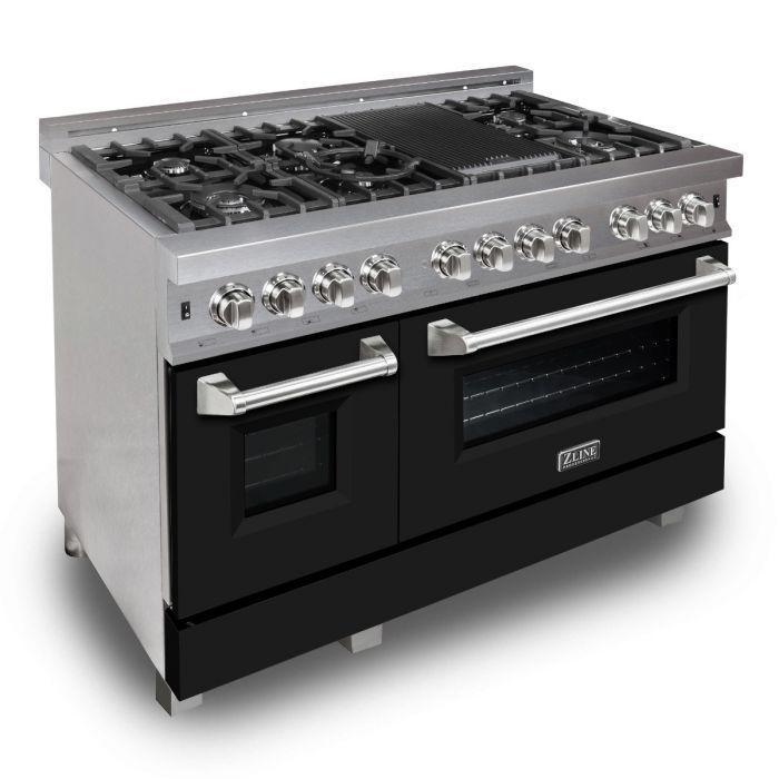 ZLINE Appliance Package - 48" Dual Fuel Range with Black Matte Door and Convertible Vent Range Hood in Satin Stainless Steel, 2KP-RASBLMRH48