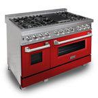ZLINE 48 in. Legacy Dual Fuel Range, 6.0 cu. ft., 7 Burner Gas Cooktop, Double Electric Ovens, Satin Stainless Steel with Red Gloss Doors (RAS-RG-48)