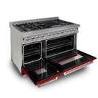 ZLINE Appliance Package - 48" Dual Fuel Range with Red Gloss Door and Convertible Vent Range Hood in Satin Stainless Steel, 2KP-RASRGRH48