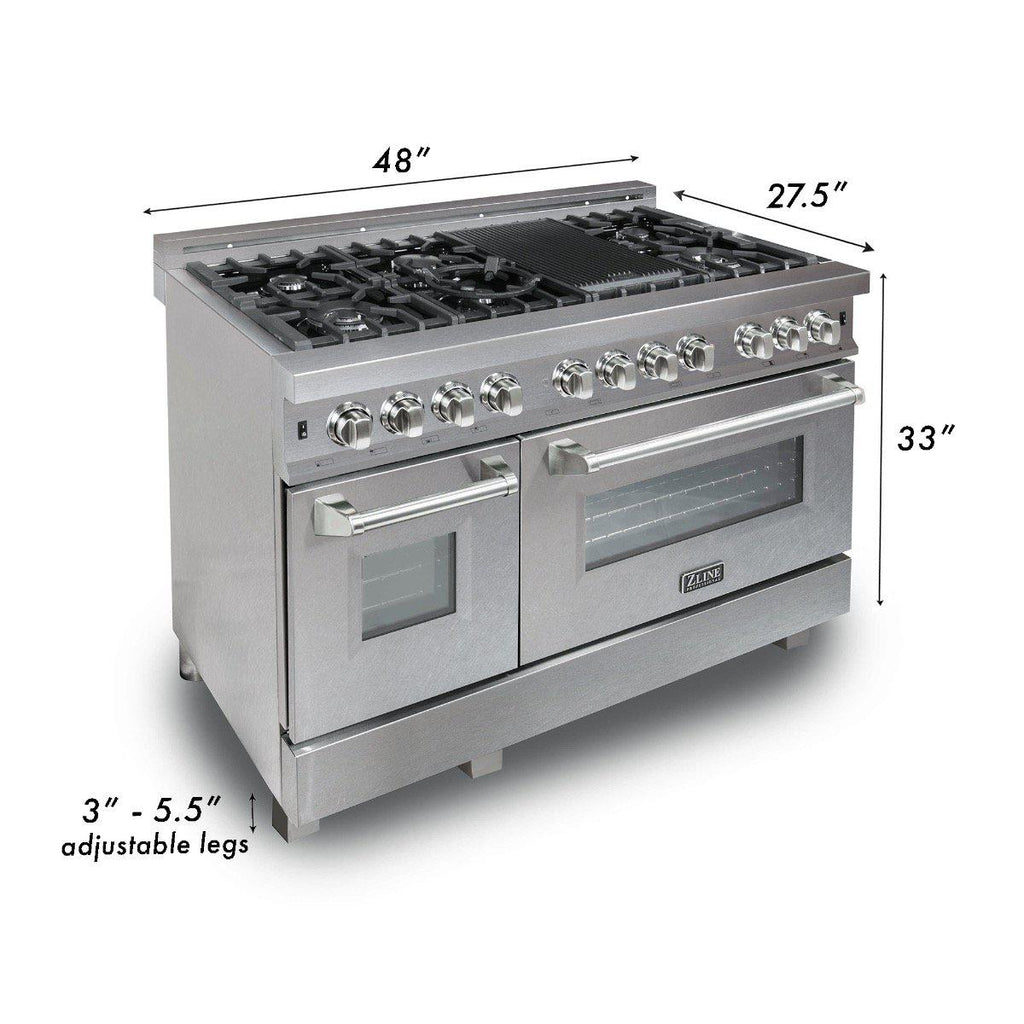 ZLINE 48 in. Legacy Dual Fuel Range, 6.0 cu. ft., 7 Burner Gas Cooktop, Double Electric Ovens, Satin Stainless Steel with Red Matte Doors (RAS-RM-48)