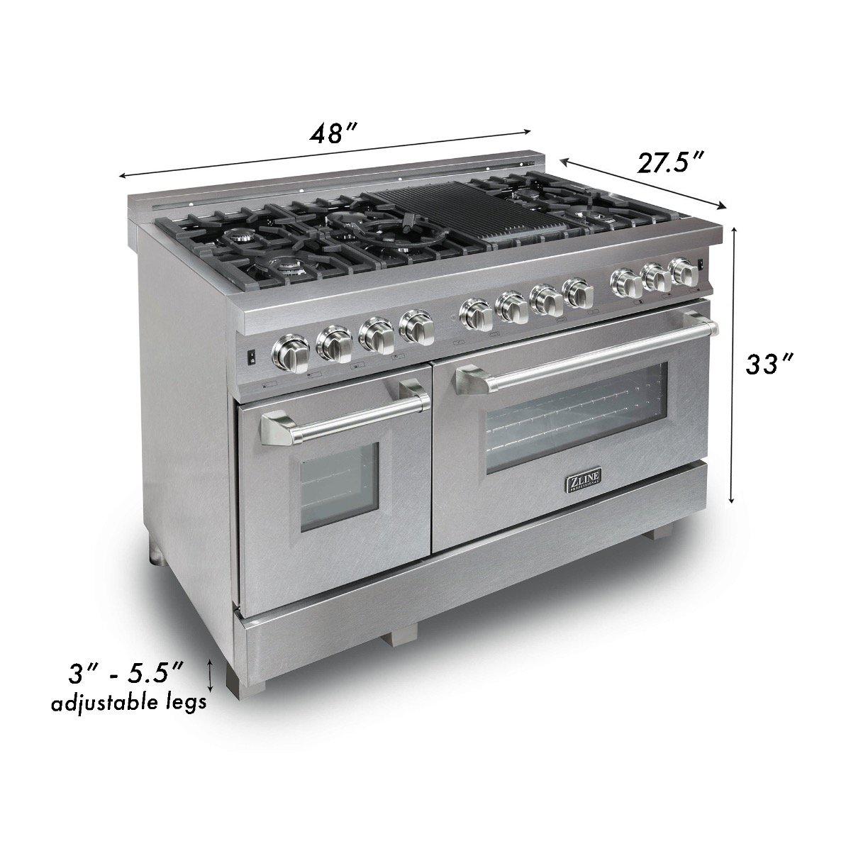 ZLINE 48 in. Legacy Dual Fuel Range, 6.0 cu. ft., 7 Burner Gas Cooktop, Double Electric Ovens, Satin Stainless Steel with Red Matte Doors (RAS-RM-48)