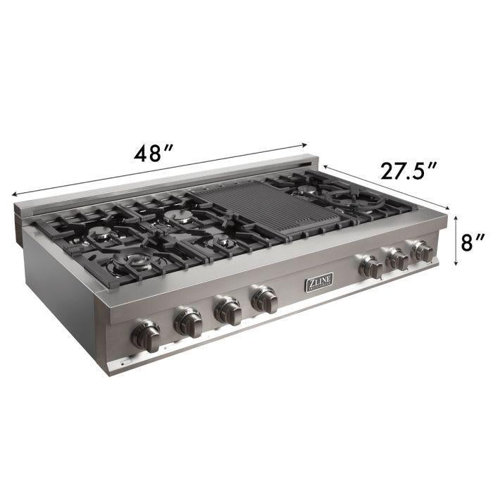 ZLINE Appliance Package - 48" Rangetop With 7 Gas Burners, Range Hood in Satin Stainless Steel, 2KP-RTSRH48