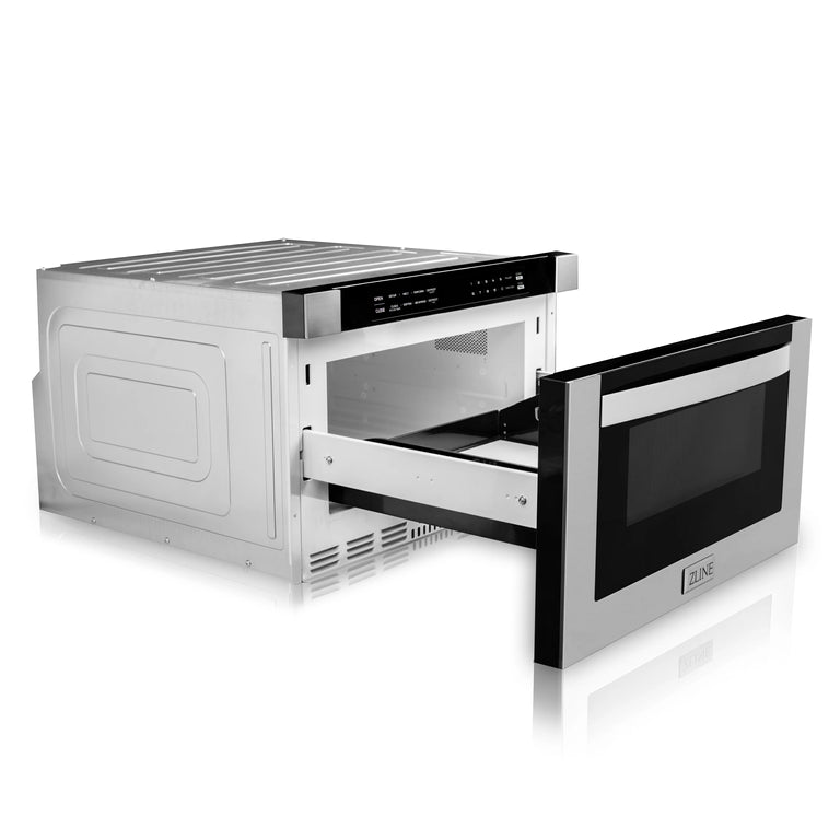 ZLINE Appliance Package - 48" Gas Range, Range Hood, 36" Refrigerator with Water/Ice Dispenser, 24" Microwave Drawer and Dishwasher in Stainless Steel