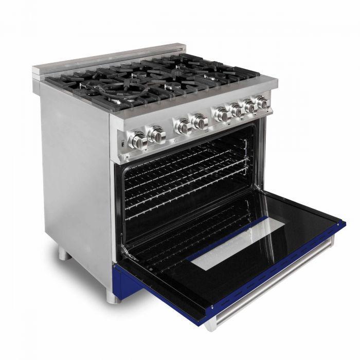ZLINE 36 in. Dual Fuel Range with 6 Gas Burners and Electric Convection Oven in Stainless Steel with Blue Gloss Door (RA-BG-36)