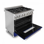 ZLINE 36 in. Dual Fuel Range with 6 Gas Burners and Electric Convection Oven in Stainless Steel with Blue Gloss Door (RA-BG-36)