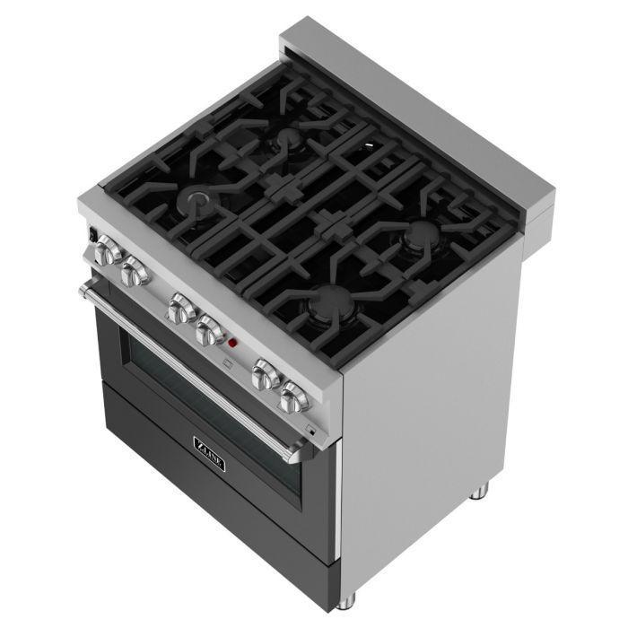 ZLINE 30 in. Dual Fuel Range in Satin Stainless Steel with Black Matte Door & 30 in. Range Hood Appliance Package, 2KP-RASBLMRH30