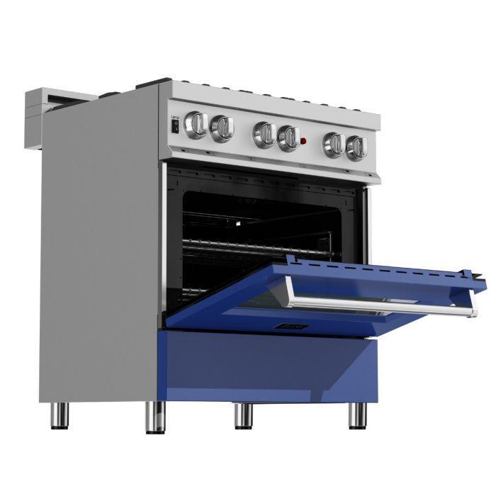 ZLINE 30 in. Legacy Dual Fuel Range with 4 Burner Gas Cooktop and Electric Convection Oven in Satin Stainless Steel with Blue Matte Door (RAS-BM-30)