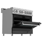 ZLINE 36" Dual Fuel Range in Satin Stainless Steel with Black Matte Door & 36" Range Hood Appliance Package, 2KP-RASBLMRH36