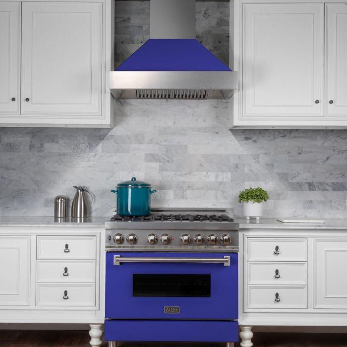 ZLINE Appliance Package - 36" Dual Fuel Range with Blue Matte Door and Convertible Vent Range Hood in Satin Stainless Steel, 2KP-RASBMRH36