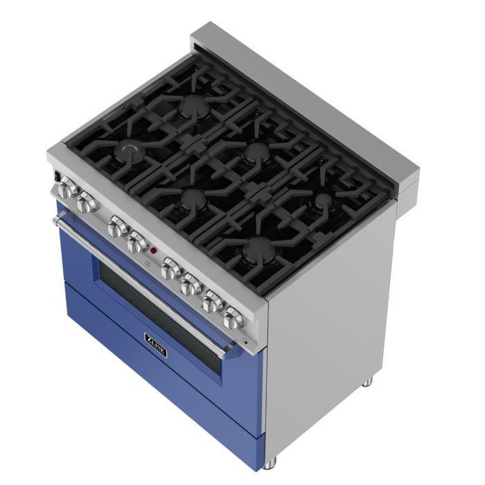 ZLINE 36-Inch Legacy Dual Fuel Range, 4.6 cu. ft., 6 Burner Gas Cooktop with Electric Convection Oven, Satin Stainless Steel with Blue Matte Door, Model RAS-BM-36