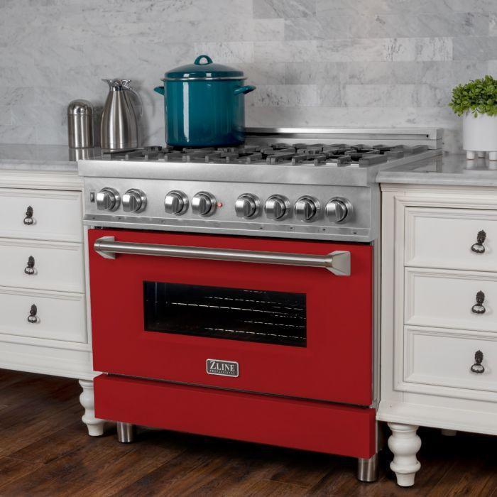 ZLINE Appliance Package - 36" Dual Fuel Range with Red Matte Door and Convertible Vent Range Hood in Satin Stainless Steel, 2KP-RASRMRH36