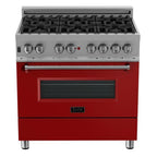 ZLINE 36 in. Legacy Dual Fuel Range, 4.6 cu. ft., 6 Burner Gas Cooktop, Electric Convection Oven, Satin Stainless Steel with Red Matte Door (RAS-RM-36)