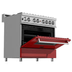 ZLINE 36 in. Legacy Dual Fuel Range, 4.6 cu. ft., 6 Burner Gas Cooktop, Electric Convection Oven, Satin Stainless Steel with Red Matte Door (RAS-RM-36)