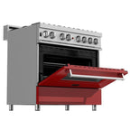 ZLINE Appliance Package - 36" Dual Fuel Range with Red Matte Door and Convertible Vent Range Hood in Satin Stainless Steel, 2KP-RASRMRH36