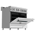 ZLINE 36" Dual Fuel Range in Satin Stainless Steel with White Matte Door & 36" Range Hood Appliance Package, 2KP-RASWMRH36