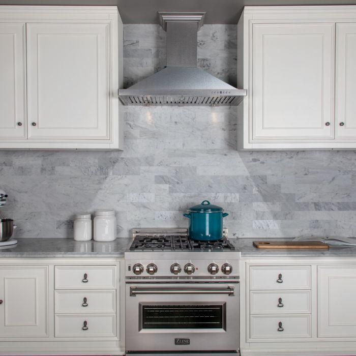 ZLINE 36 in. Wall Mount Range Hood Convertible Vent Satin Stainless Steel Designer Series 400 CFM (8KBS-36)