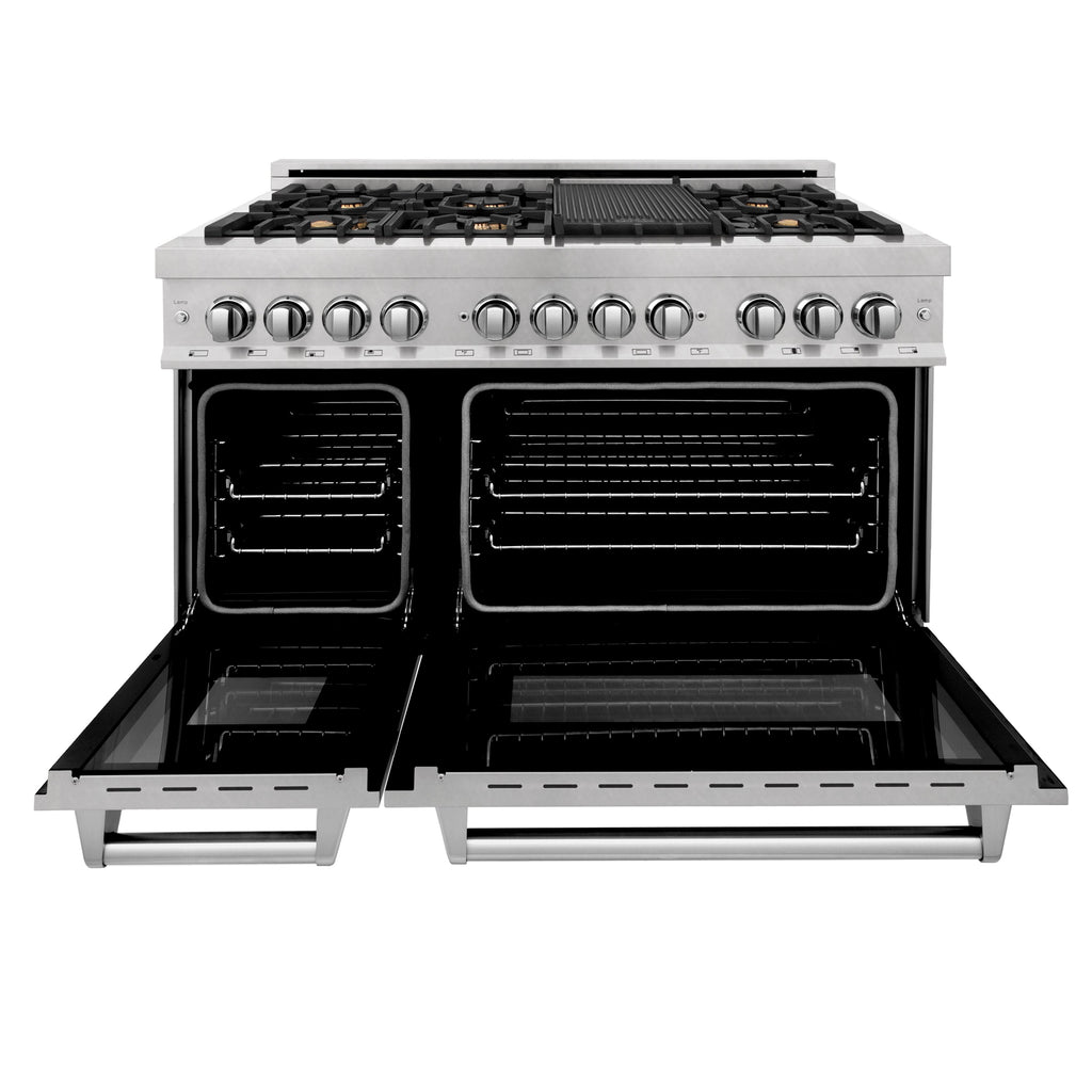 ZLINE 48 in. 6.0 cu. ft. Legacy Dual Fuel Range with 6 Brass Burners and Griddle, 2 Electric Ovens, Satin Stainless Steel (RAS-SN-BR-GR-48)