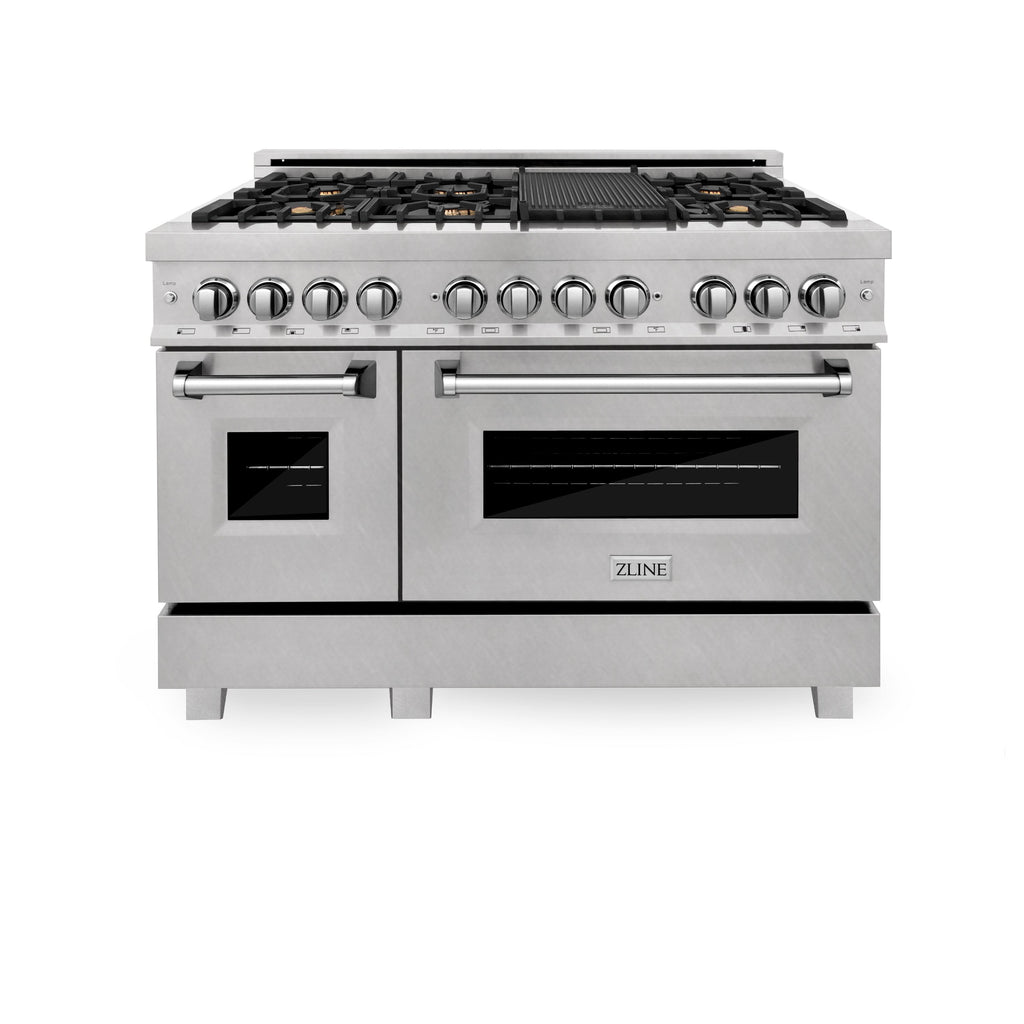 ZLINE 48 in. 6.0 cu. ft. Legacy Dual Fuel Range with 6 Brass Burners and Griddle, 2 Electric Ovens, Satin Stainless Steel (RAS-SN-BR-GR-48)