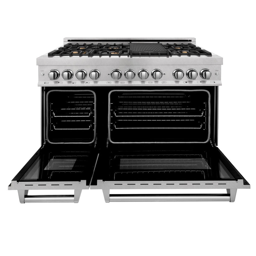ZLINE 48 in Dual Fuel Range with 6 Sealed Brass Burners, Double Electric Convection Ovens, Satin Stainless Steel Door, 6.0 cu. ft. Total Capacity (RAS-SN-BR-48)