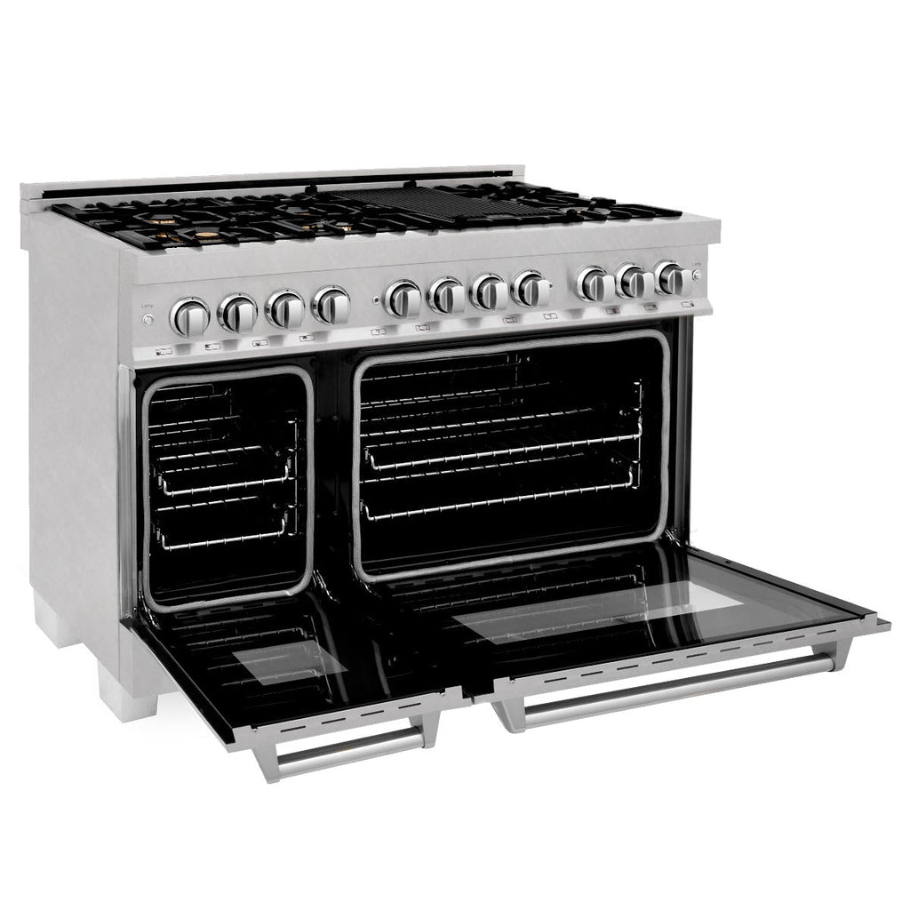 ZLINE 48 in Dual Fuel Range with 6 Sealed Brass Burners, Double Electric Convection Ovens, Satin Stainless Steel Door, 6.0 cu. ft. Total Capacity (RAS-SN-BR-48)