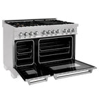 ZLINE 48 in Dual Fuel Range with 6 Sealed Brass Burners, Double Electric Convection Ovens, Satin Stainless Steel Door, 6.0 cu. ft. Total Capacity (RAS-SN-BR-48)