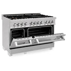 ZLINE 48 in Dual Fuel Range with 6 Sealed Brass Burners, Double Electric Convection Ovens, Satin Stainless Steel Door, 6.0 cu. ft. Total Capacity (RAS-SN-BR-48)