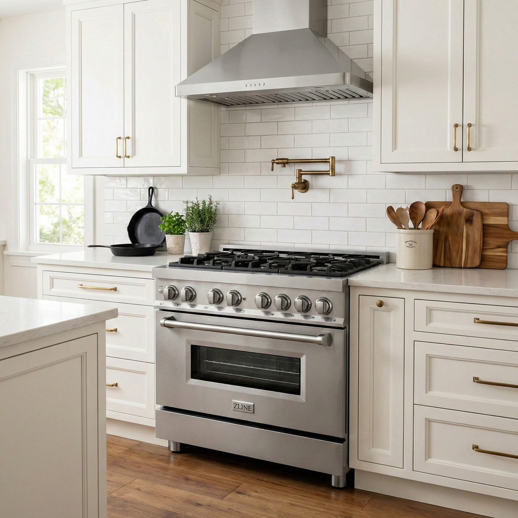 ZLINE Kitchen and Bath 36" Dual Fuel Range, 6 Gas Burners, Electric Convection Oven, Stainless Steel (RA36)