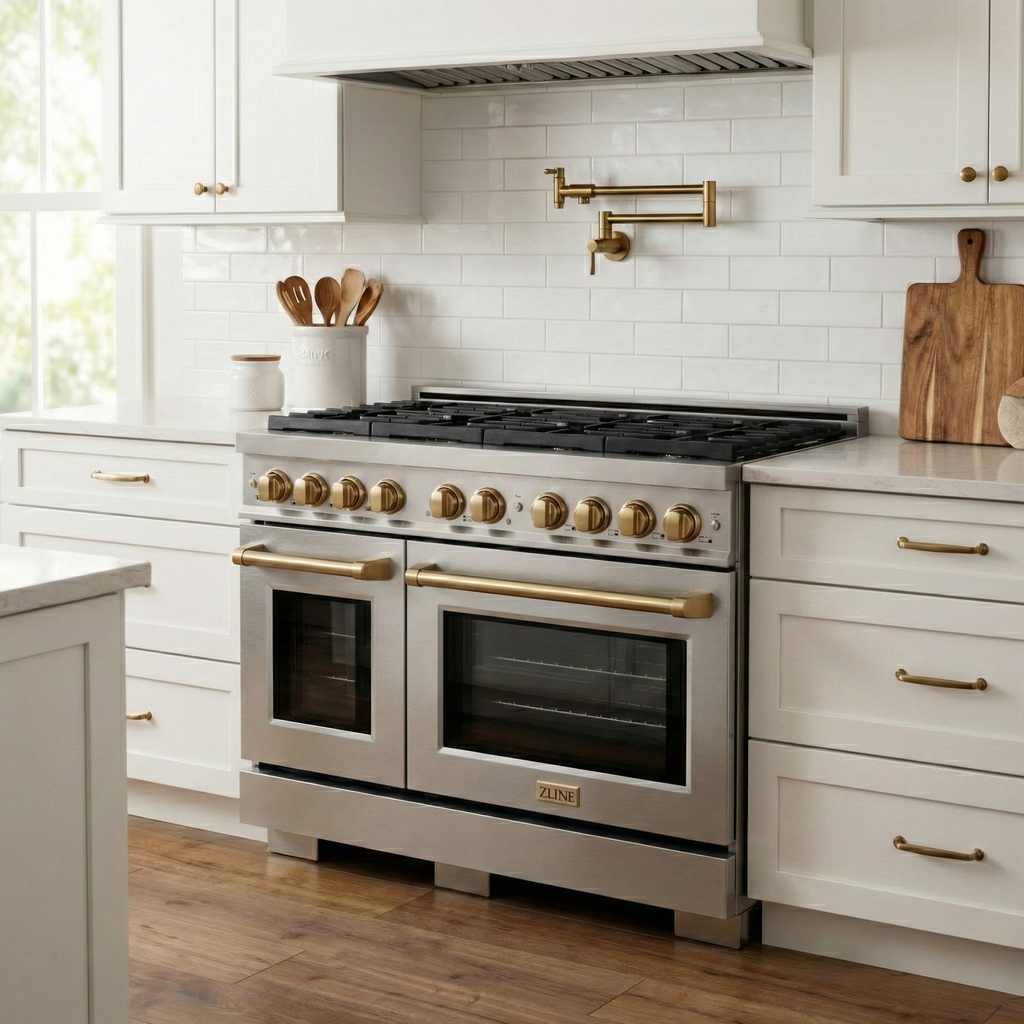 ZLINE Autograph 48" 6.7 cu. ft. Paramount Double Oven Gas Range in Stainless Steel and Bronze Accents, SGRZ-48-CB
