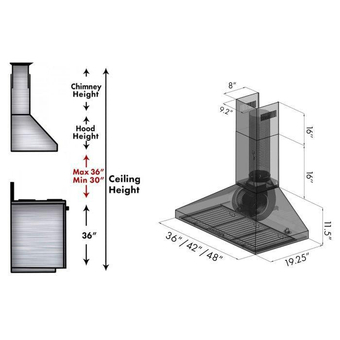 ZLINE 42 in. Wall Mount Range Hood Convertible Vent Stainless Steel Crown Molding 4-Speed Fan LED Lighting (KL3CRN-42)